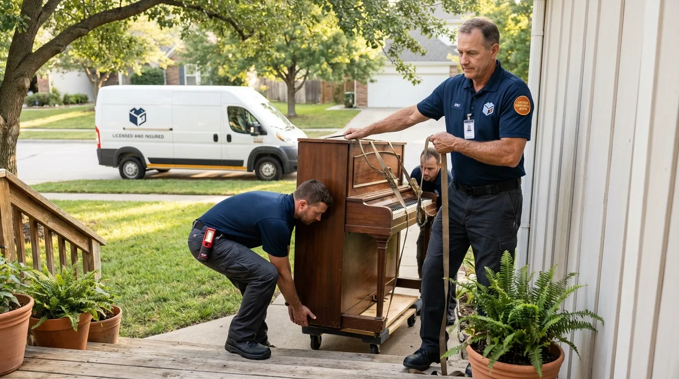 Licensed piano movers securing grand piano in Conover, NC