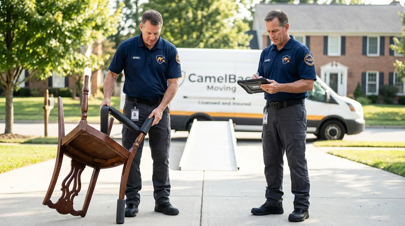 Movers inspecting furniture for damage prevention before loading in Conover, NC