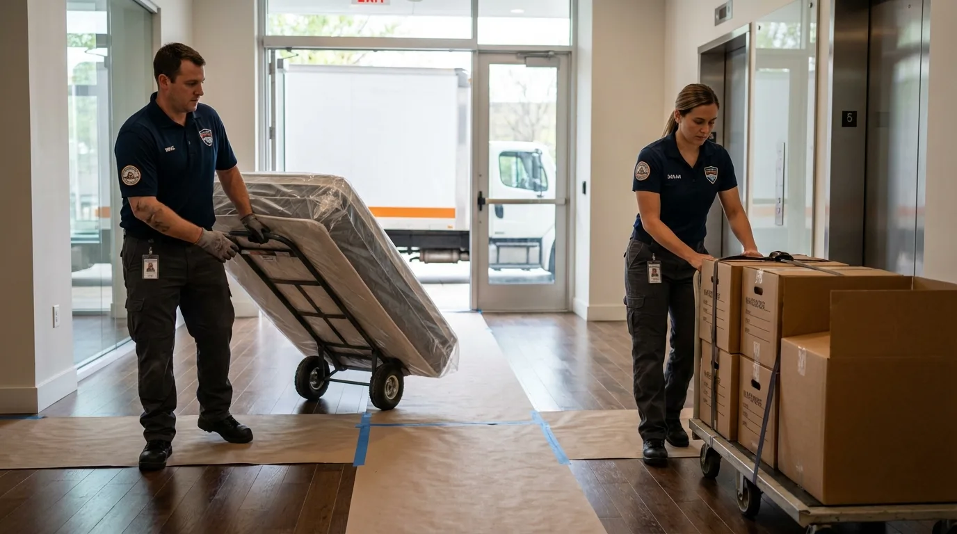 Professional apartment movers loading elevator in Conover, NC