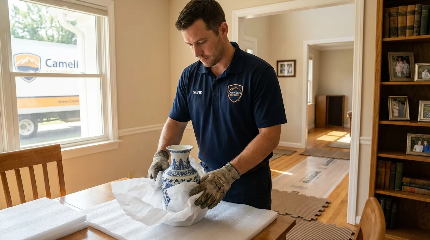 Professional crew carefully wrapping antique vase for senior downsizing move in Conover, NC